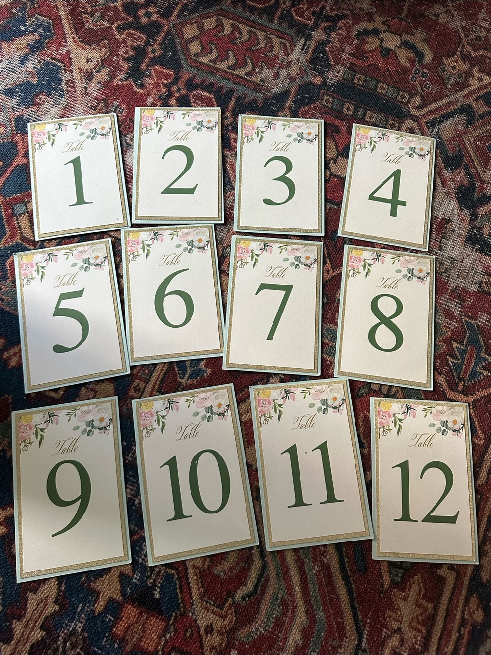 Floral Table Number Cards Set (1-12) in floral with gold and blue accents